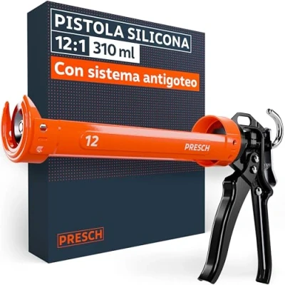 Imagen de Presch Pistola Silicona 12:1 Relación de empuje &amp; antigoteo Para cartuchos hasta 310 ml (baja viscosidad, acrílico y silicona) Giratorio 360 incl. aguja perforación