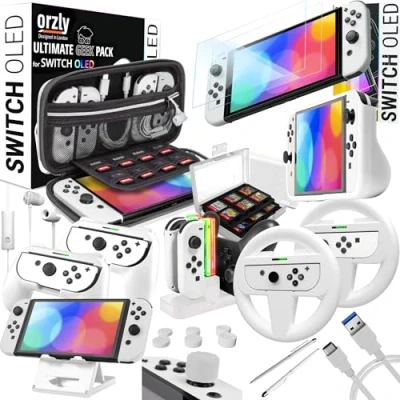 Imagen de Orzly Paquete Accesorios Compatible Nintendo Switch OLED Geek Pack: Estuche, Protector Pantalla, empuñaduras Joycon, Ruedas de Carreras, Base Carga del Controlador, Estuche Agarre cómodo Blanco