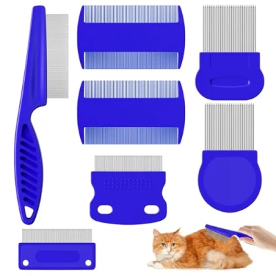 Imagen de Lixiluxia 7 Piezas Peine Anti Pulga Perros y Gatos, Peines Piojos Liendres, Antipulgas Para Gato, Inoxidable Dientes Finos Pulgas, Limpiar Piojos, Enredos, Costras, Suciedad (Azul)