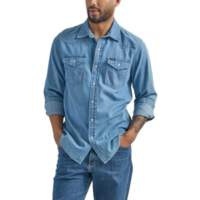 Imagen de Wrangler Camisa icónica de mezclilla ajuste regular para hombre, Lavado lago, Medium