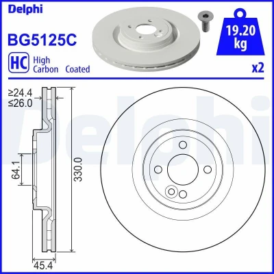 Imagen de DELPHI BG5125C Disco de freno 330 26 4 ventilado revestido altamente carbonizado sin cojinete rueda, anillo sensor ABS MINI: Hatchback