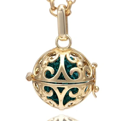 Imagen de Morella Collar de Acero Inoxidable Dorado 70 cm con Colgante Ornamento y Bola resonancia Color Verde Oscuro Ø 16 mm para Damas en Bolsa Joyas