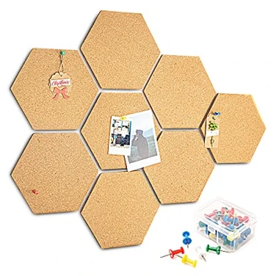 Imagen de Tablones de Corcho Autoadhesivos 8 Piezas, HENMI Pizarra Hexagonal DIY con 40 chinchetas, Anuncios para Colgar Fotos, Decoración del Hogar y la Oficina
