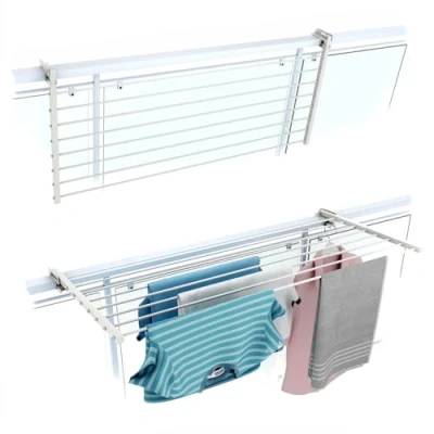 Imagen de foxydry Tendedero Plegable de Balcón, para Barandilla Exterior Resistente Acero Inoxidable y Aluminio Duo, terrazas, Balcones barandillas Longitud 118 cm