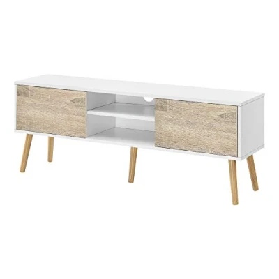 Imagen de [en.casa] Mesa de Tele Eskilstuna 120 x 29,5 46,5 cm Soporte Televisión Cómoda Mueble salón para TV 2 Puertas y Estantes Abiertos 5 Patas Almacenamiento Blanco Efecto Roble