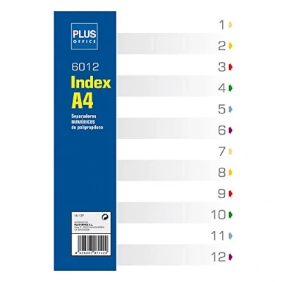 Imagen de Plus Office Separadores de Archivador A4 con 12 Pestañas polipropileno 100% reciclable, Números 1 12, Divisores 11 Agujeros y para Carpetas Anillas, uso escolar oficina