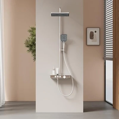 Imagen de EMKE Columna de Ducha Termostática,1127x460x360mm,Ducha Lluvia,Ducha Mano 3 Funciones, Altura Ajustable 812 1142mm,Cromado,Cuerpo Cobre y Panel Vidrio, Diseño Moderno