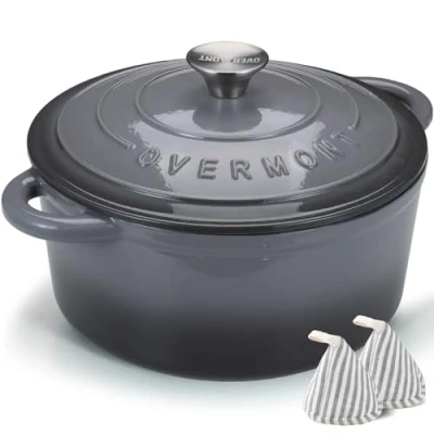 Imagen de Overmont Olla de Hierro Fundido Antiadherente Cacerola Holandesa Esmaltado con Tapa Ø28 CM Redonda para Cocinas Inducción Gris