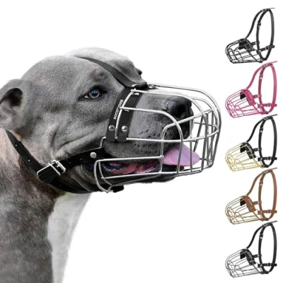 Imagen de BronzeDog Bozal de Perro Pitbull máscara Metal Amstaff Cesta Alambre Pit Bull Correas Cuero Ajustables para Perros Grandes