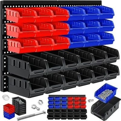 Imagen de MASKO® Cajas Apilables, Estante de Pared, Almacenamiento visibles, Basculante, Enchufable, 32 partes Negro/Azul/Rojo