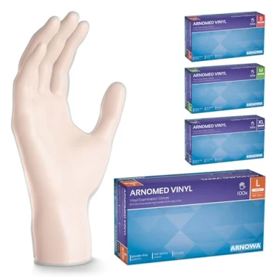 Imagen de ARNOMED guantes vinilo sin polvo talla L, 500 unidades (5 cajas), desechables transparentes, de polvo, en tallas S, M, L y XL