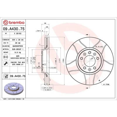 Imagen de BREMBO 09.A430.75 Disco de freno 304 28 5 ventilación interna, ranurado revestido con tornillos PEUGEOT: 407 Berlina, SW, Expert II Tepee