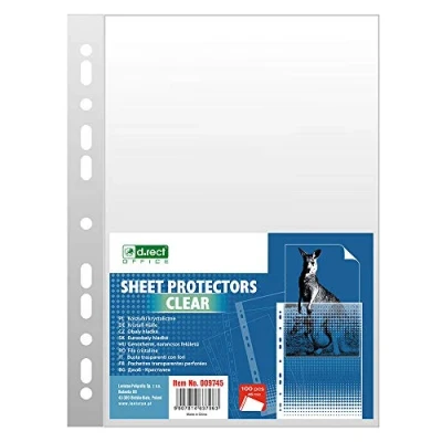 Imagen de D.RECT Fundas Multitaladro 45 Micras Tamaño A4 Folio Cristal, Cristal Pack de 100 Unidades Perforadas Transparentes Bolsillos Polipropileno