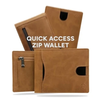 Imagen de AKIELO Tarjetero de Hombre Bloqueo RFID Plegable con Bolsillo a Cremallera y Caja Regalo Elegante Cartera Minimalista (Delta Edición Marrón Claro Cremallera)