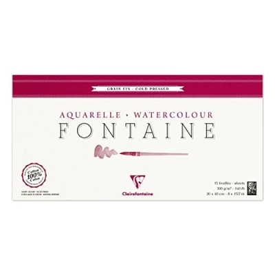 Imagen de Clairefontaine 96437C Bloc encolado (4 caras, 15 hojas, papel acuarela, 100% algodón, grano fino, calidad profesional, 20 x 40 cm, 300 g)