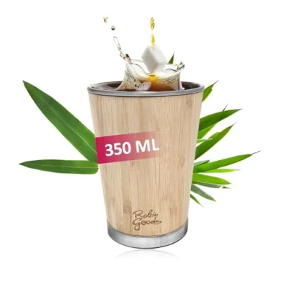 Imagen de Robin Goods® Taza para Beber de Acero Inoxidable y bambú 350 ml Acampar irrompible sin BPA (1 Pieza 350ml)
