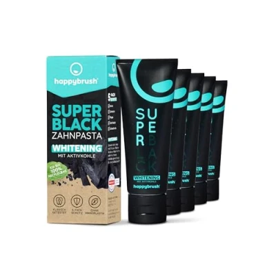 Imagen de happybrush® pasta de dientes vegana con carbón activo SuperBlack sabor a menta Una color negro para unos blancos Pack ahorro (5 tubos 75 ml)