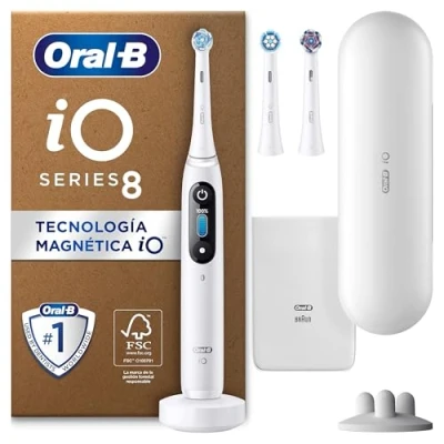 Imagen de Oral B iO 8N Cepillo de Dientes Eléctrico con Mango Recargable, 3 Cabezales y Estuche Viaje, Diseñado por Braun, Regalos Originales para Mujer Hombre Blanco