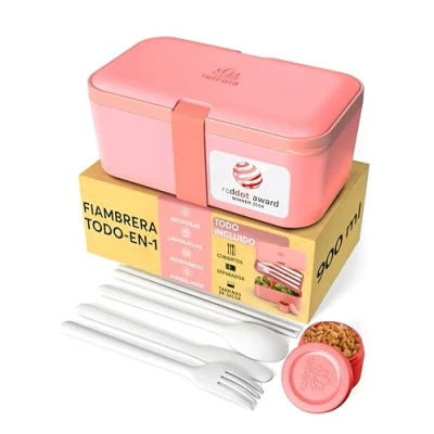 Imagen de Umami Fiambrera Para Comida De Trabajo, Bento Lunch Box, Apilable, Con 4 Compartimentos, Cubiertos, Botes Salsa, Caja Almuerzo, Apta Microondas, Porta Alimentos 100% Hermética