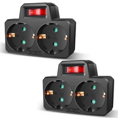 Imagen de EXTRASTAR 2 en 1 Adaptador con Interruptor y Enchufes Schuko, hasta Carge 3680W, 250V, 16A, Blanco, de Regleta, Negro, pcs
