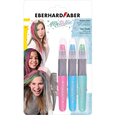 Imagen de Eberhard Faber 579205 Tiza de pelo para niños, 3 colores metalizados, con peine, fácil lavar