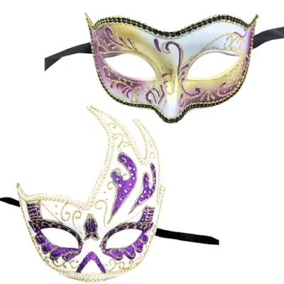 Imagen de 2 Mascara Veneciana para Carnaval con Purpurina Brillante, Media Cara Mujer de Material Resistente Pluma, Baile (Mascara Morado)
