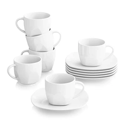 Imagen de MALACASA, Serie ELISA, 12 Piezas Juegos de Café Porcelana, 6 Tazas (200 ml, 10,3 x 6,7 cm) con Platillos (14,5 1,5 cm), Juego para Personas, Ideal Leche, Espresso y Té