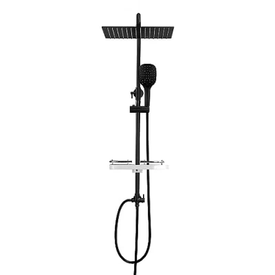 Imagen de Görbach Columna de ducha Negra sin Grifo Sistema Hidromasaje Conjunto Altura Adjustable, Juego Baño con Estana Negro mate, Cuadrado (3030MB+bandeja)