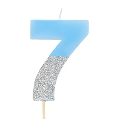 Imagen de Velas de cumpleaños con números 0, 1, 2, 3, 4, 5, 6, 7, 8, 9, 10, 18, 25, 30,40, 50 color azul y glitter plata (Número 7)
