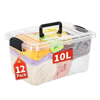 Imagen de Cetomo Cajas de almacenamiento, caja almacenamiento con tapas y asa para organización del hogar, dormitorio, oficina, contenedor apilable, plástico, transparente, paquete 10 L, 12 unidades