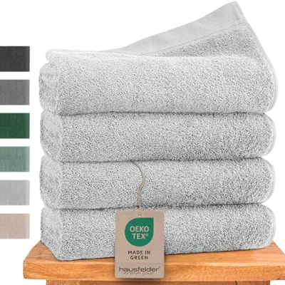 Imagen de Hausfelder Set de Toallas Premium con Lazo para Colgar 100% algodón Certificado Oeko Tex, Suaves y absorbentes (Gris, 4 pequeñas 50x100 cm)