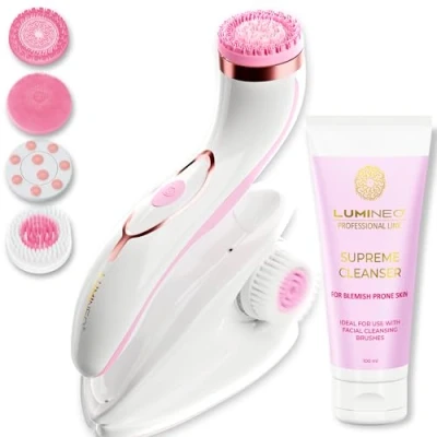 Imagen de Lumineo PRO limpieza facial profunda, cepillo con 4 accesorios de cepillo, silicona médica, USB C, IPX6 resistente al agua, gel limpiador para piel propensa acné, grasa y escamosa (rosa)