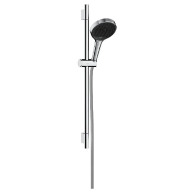 Imagen de hansgrohe Rainfinity, set de ducha ahorro agua, mano (EcoSmart) con barra 65cm, soporte y Designflex flexo textil 160cm, 3 tipos chorro, cromo