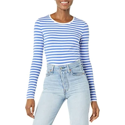 Imagen de Amazon Essentials Camiseta de Cuello Caja, Manga Larga y Ajuste Clásico (Disponible en Tallas Grandes) Mujer, Azul Blanco Rayas, XXL