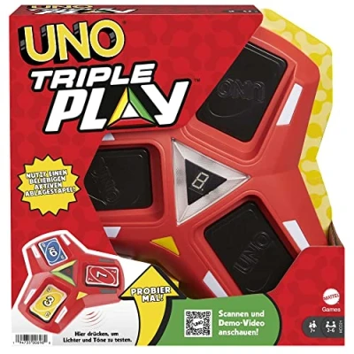 Imagen de Mattel Games Uno Triple Play , juego de mesa con 112 cartas, base pantalla Led luces y sonidos emocionantes. Para niños +7 años adultos. HCC21