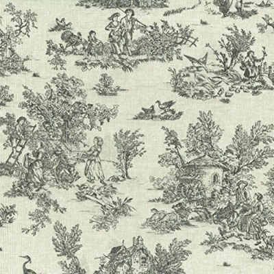 Imagen de Tela Toile de jouy ‘La Vie Rustique’ (Gris Antracita Sobre un Fondo Aspecto Lino) 100% Algodón Suave Ancho: 155 cm (por Metro Lineal)*