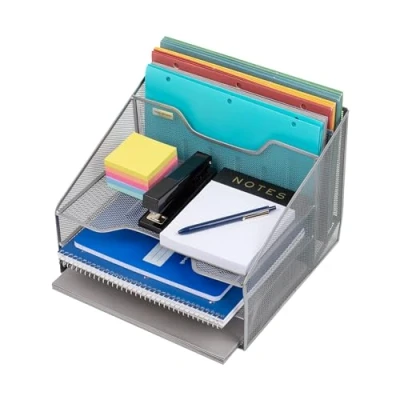 Imagen de Mind Reader Desktop Organizer, Vertical File Holder, Paper Trays, Office Malla de Metal, 31 cm Largo x 29 Ancho 24 Alto, Plateado, 5 Compartment