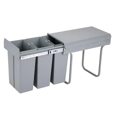 Imagen de Contenedor de reciclaje para mueble cocina, cubos basura bajo fregadero 3x10L, fijación inferior y extracción manual, extraíbles, con tapa