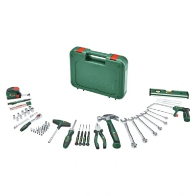 Imagen de Bosch Advanced Juego herramientas manuales, 64 piezas (kit bricolaje; alta calidad; ergonómico; alicates, llaves, destornillador, carraca, flexometro, sierra, martillo y más)