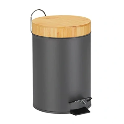 Imagen de Relaxdays Pedal Cubo Basura Baño, 3 L, Mecanismo de Cierre Suave, Tapa Bambú, Interior Extraíble, Papelera Aseo, Gris, 24.5 x 17 23 cm