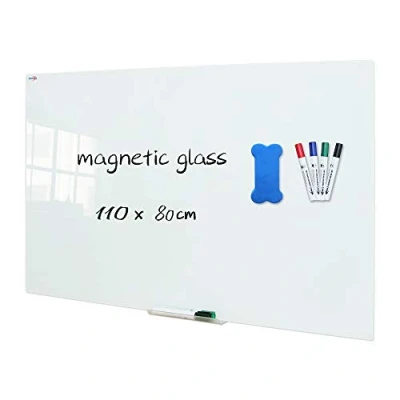 Imagen de XIWODE pizarra magnética de cristal borrado en seco, 110 x 80 cm, blanca vidrio templado para montaje pared, sin marco, superficie esmerilada