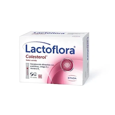 Imagen de Lactoflora colesterol Complemento Alimenticio Ayuda a mantener niveles normales de la forma más natural Vitamina B1 y Omega3 sabor vainilla 30 sobres