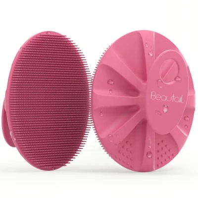 Imagen de BEAUTAIL Cepillo de silicona para el cuerpo, ducha, baño, exfoliante, suave, mujeres, hombres, bebés, piel sensible, fácil limpiar, espuma agradable, más higiénico, 1 paquete, rosa