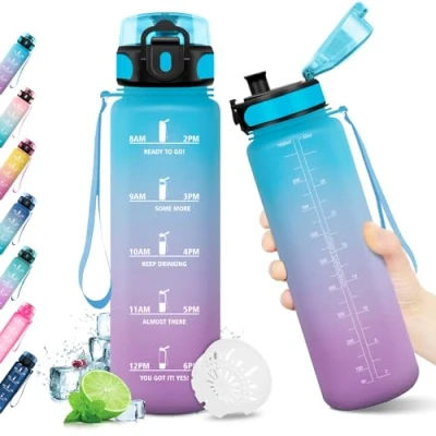 Imagen de KollyKolla Botella de Agua 1L, Gimnasio Deporte, Cantimplora Infantil, Prueba Fugas, sin BPA, Reutilizable, Garrafa para Adulto, Niños, Colegio, Camping, Oficina, Bicicleta