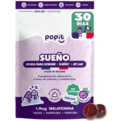 Imagen de POP IT Melatonina Gominolas 1,9 mg Sueño Reparador y de Calidad para dormir con Manzanilla, Melisa Pura Sin Azúcar Vegano, Sabor Mora 30 Uds