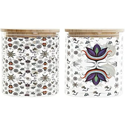 Imagen de DKD Home Decor Bote Bambú Vidrio de Borosilicato Tradicional Azulejo (1 L) (2 pcs) (10 x 10 17 cm)