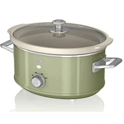 Imagen de Swan Retro SF17021GNEU Olla Cocción Lenta 3,5L Recipiente Extraíble, Antiadherente Cerámica libre PFOA y PTFE, 3 Niveles Temperatura, Tapa Vidrio, Slow Cooker, Diseño Vintage, Verde, 200W