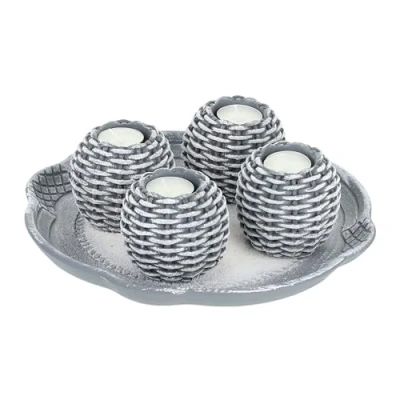 Imagen de Relaxdays Portavelas, Set con Bandeja, 4 Candeleros y Arena Decorativa, Centro de Mesa Salón, Velas, Gris Blanco, Polirresina, 8 x 27,5 cm