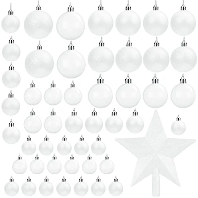 Imagen de Belle Vous Bolas de Navidad Blancas (Pack 50) Tamaños Variados Navideñas con Brillo y Estrella para la Punta Adornos Decor Fiestas Interior Exterior
