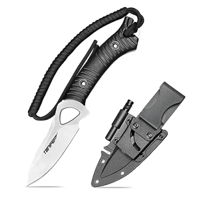 Imagen de TONIFE Explorer Cuchillo de Hoja Fija con Funda 8Cr14MoV Blade Multifuncional Supervivencia, Fibra Vidrio Reforzada Mango Nylon para EDC Cuchillo(Negro+Satén)